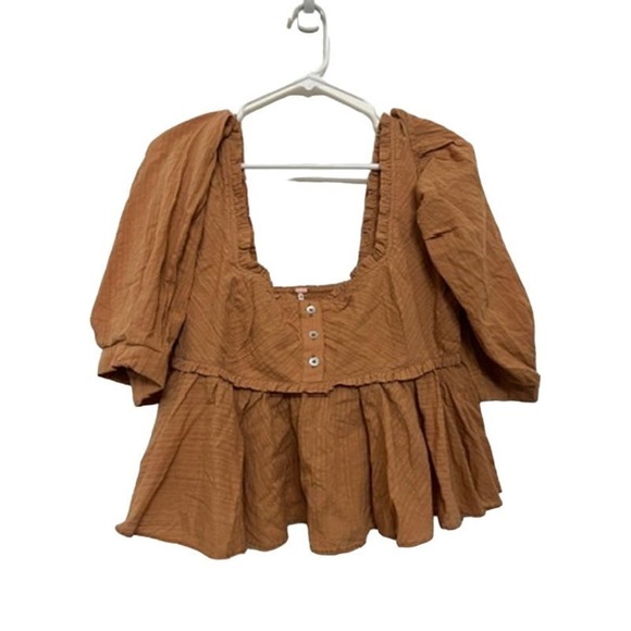 Free People Leave It To Me Babydoll Crop Square Neck Top Tan Camel Medium NWOT - Picture 2 of 7